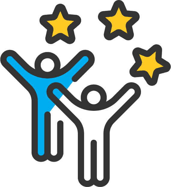 Two people icons with raised arms and three stars